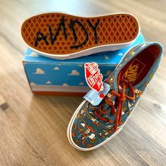 Authentic Toy Story Vans. New With Tags, Never Worn, And They Come In The Original Disney Toy Story Box. Size Is 5.5 In Women And 4.0 In Men. Toy Story Andy, Disney Sneakers, Toy Story Woody, Disney Shoes, Vans Blue, Woody Toy Story, Shoes Vans, Denim Shoes, Disney Toys