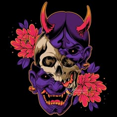 two skulls with horns and flowers on their heads are depicted in this colorfully painted illustration