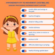 It’s National Sensory Awareness Month! Hypersensitivity To Movement (Vestibular) Over-Responsive - avoids slides and swings at the park - fearful of heights - dislikes escalators and elevators - afraid of riding a bike - difficulty when using stairs - motion sickness Sensory Processing Disorder Symptoms Checklist #nationalsensoryawarenessmonth #awareness #sensoryawareness #SPDAwareness #sensorydifferences #sensoryprocessing #sensoryprocessingdisorder #SPD #sensory Motion Sickness, Riding A Bike, Processing Disorder, Parent Support, Sensory Processing Disorder, Sensory Processing, Special Needs, Motion