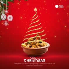 a bowl filled with food next to a christmas tree on top of a red background