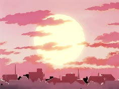 the sun is setting over a city with pink clouds and buildings in the foreground