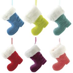 six christmas stockings hanging from strings with white fur and red, green, blue, purple, yellow