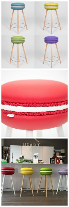 four stools with different colors on them and one is made from an upholstered material