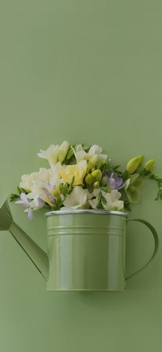 a watering can with flowers in it against a green wall, as well as a planter