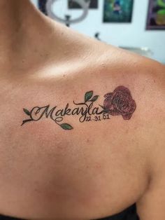 a woman with a rose tattoo on her chest and the word makabata written in cursive writing