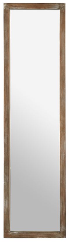 a wooden frame mirror with a white background and light wood trimmings on the edges