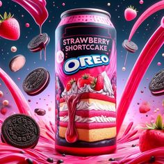 a can of strawberry shortcake oreo with cookies and strawberries flying around it