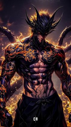 an image of a man with tattoos on his chest and arms, standing in front of fire