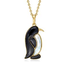 Ross-Simons - Onyx, Mother-of-Pearl Penguin Pendant Necklace Over Sterling. 18". What a handsome fellow! Our adorable penguin pendant necklace is comprised of 7x3mm and 6.5x2.5-22x5.5mm onyx and 14.5x3mm mother-of-pearl. Crafted in polished 18kt yellow gold over sterling silver and suspended from a cable chain with a 2" extender. Lobster clasp, mother-of-pearl and onyx penguin pendant necklace. Penguin Pendant, Cute Penguins, Fine Jewellery Necklace, Cable Chain, Mother Of Pearl, Lobster Clasp, Jewelry Necklace Pendant, Onyx, Jewelry Watches