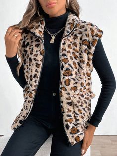 Women's Sleeveless Fluffy Leopard Print Zip-Up Jacket, Autumn/Winter Multicolor Casual  Sleeveless Flannelette Leopard Print,Textured Pattern vest Slight Stretch  Women Clothing, size features are:Bust: ,Length: ,Sleeve Length: Pattern Vest, Trends 2025, Clothes Clips, Vest Pattern, Womens Tie, Knitting Girls, Fall Fashion Trends, Powerpuff Girls, Kids Sleepwear