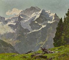 a painting of mountains with trees in the foreground and grass on the ground below