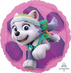 the paw patrol character balloon is shown in front of a pink background with purple circles