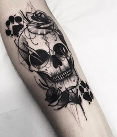 a black and white photo of a skull with roses on it's head, done by an artist