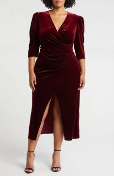 Chelsea28 Velvet Faux Wrap Midi Cocktail Dress | Nordstrom Zendaya Dress, Burgundy Cocktail Dress, Cocktail Dress Nordstrom, Burgundy Velvet Dress, Leg Of Mutton Sleeve, Fall Wardrobe Essentials, Burgundy Velvet, Fall Capsule Wardrobe, Reformation Dress