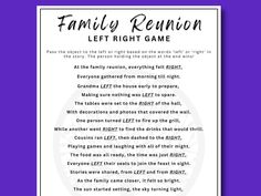 the family reunion letter is shown in black and white on a purple background with text