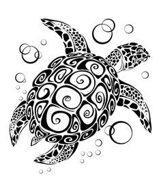 a turtle with swirls and bubbles on it's back, swimming in the water