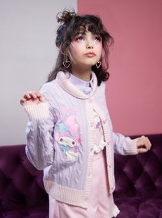 Keep yourself looking cozy and cute with these Sanrio besties! My Melody and My Sweet Piano are featured as fuzzy embroidered patches on this cable knit cardigan  with their names embroidered above them. Comes with contrast trim and a shawl collar  plus heart-shaped buttons down the center.100% acrylicWash cold; dry flatImportedListed in junior sizesModel wears size Small Sanrio Besties, Frog Queen, Cutecore Outfit, Sanrio Clothes, Sanrio Fashion, My Sweet Piano, Goth Shop, 2024 Aesthetic, Disney Valentines