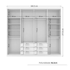 an image of a closet with measurements for the drawers and shelves in front of it