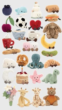 many different stuffed animals are arranged together