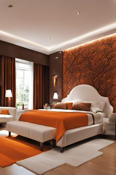 an orange and white bedroom is shown in this image