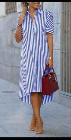 Crossover Dress, Fresh Dress, Urban Lifestyle, Striped Shirt Dress, Loose Fitting Dresses, Cardigan Outfits, Collar Designs, Dress Cuts, Solid Dress