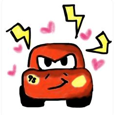 a drawing of a red car with lightning bolts coming out of it's eyes