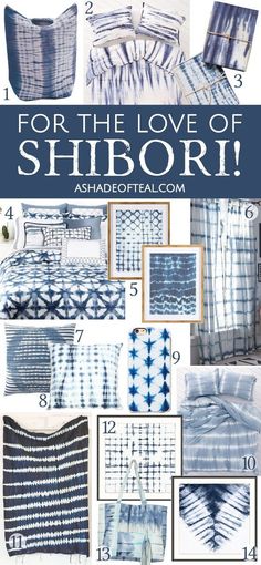 blue and white shibori bedding with the text for the love of shibori