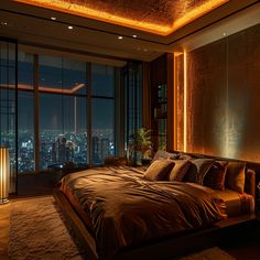 a large bed sitting in the middle of a bedroom next to a window with city lights on it