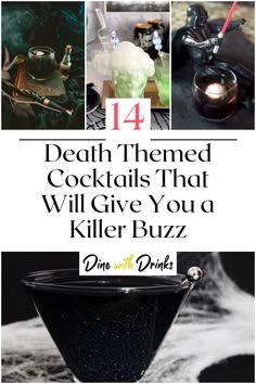 Collage of 4 death themed cocktails. Dark Drinks Aesthetic, Halloween Tiki Cocktails, Addams Family Drinks, Black Halloween Drinks Alcohol, Addams Family Cocktail, Rip 20s Birthday Party Food, Horror Themed Cocktails, Witch Themed Cocktails, Rip To My 20s Party Food