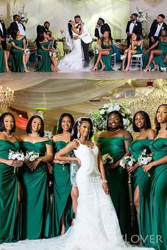 the bride and her bridal party are posing for pictures in their green gowns