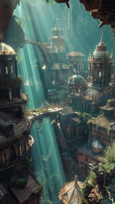 an underwater city with lots of trees and buildings in the water, surrounded by sunlight beams