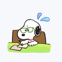 a dog with glasses writing on a piece of paper