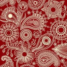 a red and white floral background with swirls, flowers, leaves and dots in the center