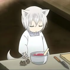 an anime character sitting at a table with a bowl of food