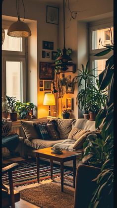 a living room filled with furniture and lots of plants