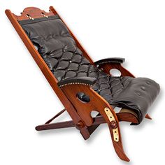 the reclining chair is made out of wood and leather