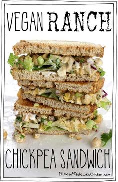 the vegan ranch chicken pea sandwhich is stacked on top of each other