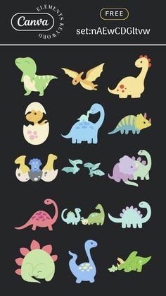 an assortment of different colored dinosaurs on a black background with text that reads, free stenc