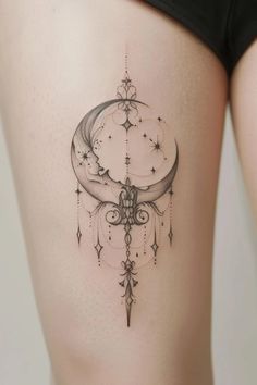 a woman's thigh with a crescent and stars tattoo on the side of her thighs