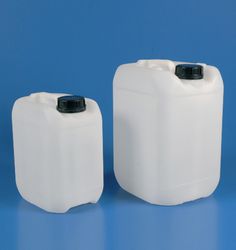 two white plastic jugs with black lids on a blue background, one is empty