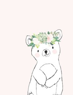 a drawing of a bear with flowers on its head and hands behind his back, in front of a pink background