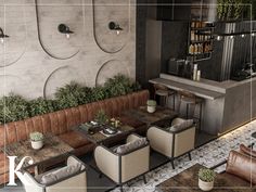 the interior of a restaurant with tables, chairs and plants in pots on the wall