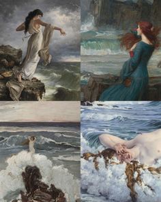 four different paintings of women in the ocean