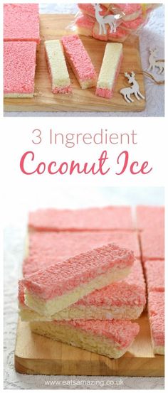 three ingredient coconut ice on a cutting board with pink frosting and cut into squares