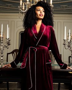 In the glamorous tone of an urbane past, our Cabaret Collection is an homage to classic Hollywood style and glamour. Designed to be worn in or out of the home, with panache. Rendered in plush velour, in both glossy onyx black and a royal garnet, our velour robe is as relevant worn as a sumptuous layer over your favorite evening dress or lounging in the parlor. In our exquisite sleepwear, you will be tucked in love and off to dreamland. Bonne Nuit. 95% Polyester - 5% Spandex PLEASE NOTE: THIS PRO Women Robe, Loungewear Dresses, Hollywood Style, Pink Holiday, Platform Flats, Jennifer Fisher, Hollywood Fashion, Floral Ruffle, Short Pajama Set