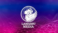 the logo for lamaassu media on a purple and blue background with wavy lines