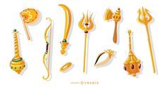 an assortment of golden items on a white background