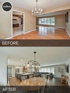 an empty living room and dining room before and after remodeling with wood floors