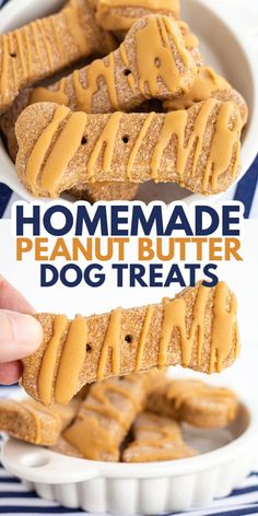 homemade peanut butter dog treats in a white bowl with the title overlay reading homemade peanut butter dog treats