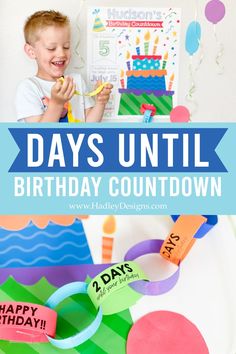 a young boy holding a piece of paper with the words days until birthday countdown on it